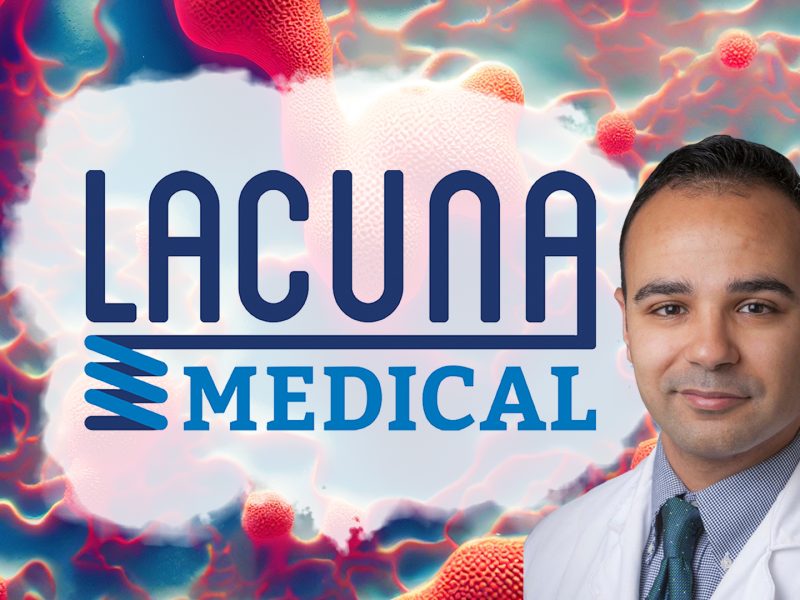 In foreground, from left to right: the Lacuna Medical logo on a transparent white paint splash, and a cut out headshot of Muath Bishawi. In the background, an abstract image of red and blue fluid.
