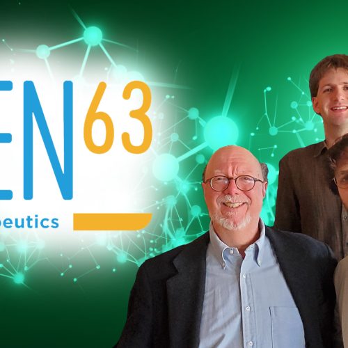Cutouts of Bruce Donald, Marcel Frenkel, and Mark Hallen are in the bottom right corner, wearing business casual clothes and smiling at the camera. The Ten63 logo is center left, hovering over a white spot for contrast. The background is a green and black abstract rendition of networks and chemical bonds, with circular nodes and thinner lines connecting them.