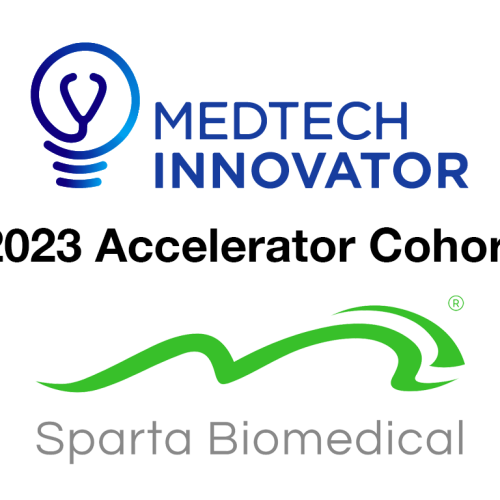 MedTech Innovator logo up top, Sparta Biomedical logo below. Between, the words: "2023 Accelerator Cohort". White background.