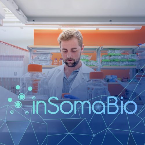 Stefan Roberts stands in a white coat framed through a lab shelf with equipment, looking down at container he’s holding. Overlayed is a blue gradient with light teal abstract thin network graphic and the inSoma Bio logo.
