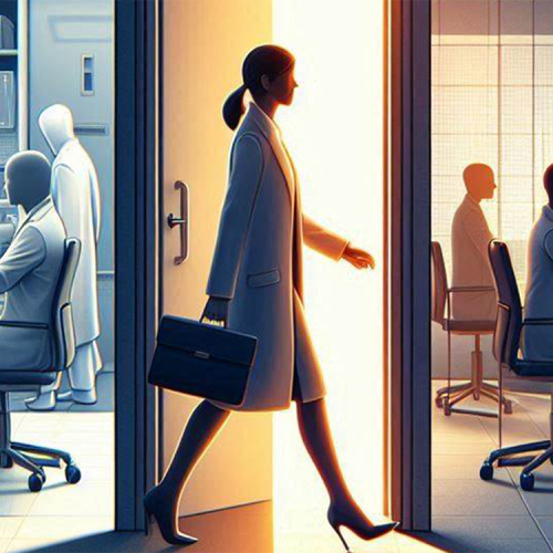 A stylized illustration depicts a lab and office setting. The scene is illuminated by artificial blue light from within the lab and office and a warm glow from an opening door in the middle. In the foreground, a feminine figure with medium hair in a ponytail, wearing a lab coat and carrying a briefcase, is walking towards the right, silhouetted against a brightly lit doorway. On the left are a few figures in a lab setting, with one seated at a desk with a computer screen. Inside the office on right, there are three figures in professional attire seated around tables with a laptop on it.